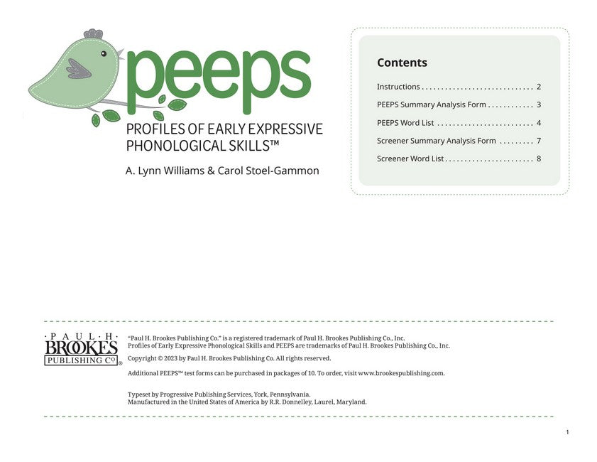 Profiles of Early Expressive Phonological Skills (PEEPS (TM)) Forms