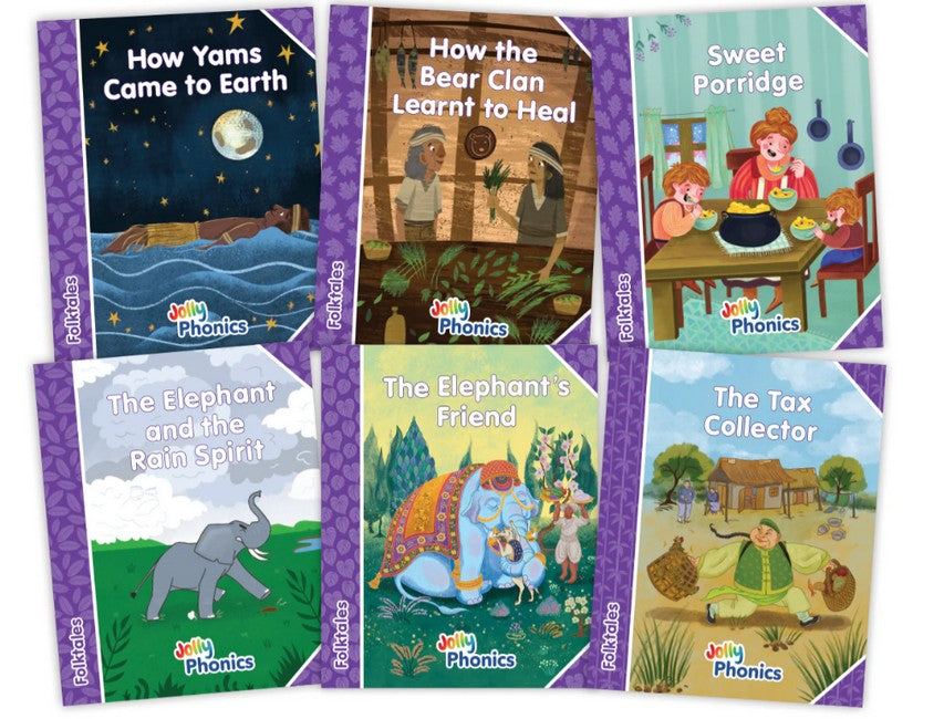 Jolly Phonics Folktales Purple Readers (Level 5) Complete Set (1-6) in Precursive Letters (British English Edition)
